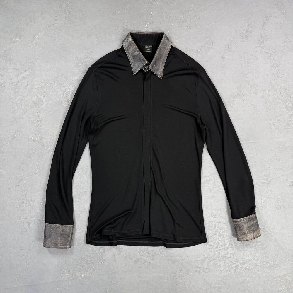 Jean Paul Gaultier Rayon Jersey Zip Front Shirt w/ Leather Trim Men's 17.5, XL